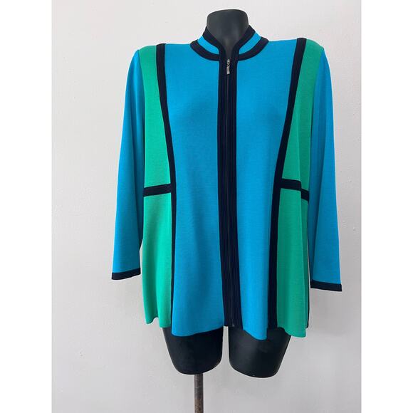 Misook Cardigan Sz XL Color Block Blue/Green/Black Zip Up Classic Professional - Picture 3 of 5